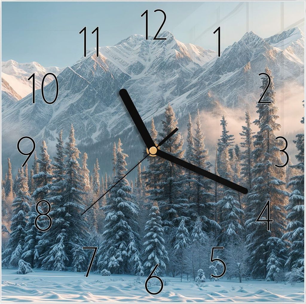 Wanduhr aus Glas mit Motiv Schneebedeckte Berge- 30 x 30 cm - inkl. Aufhängesystem
