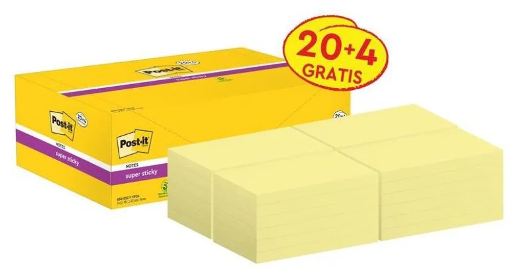 Post-it Notes Super Sticky 127x76 mm - Adhésif Extra Fort Jaune x24 Blocs - 2
