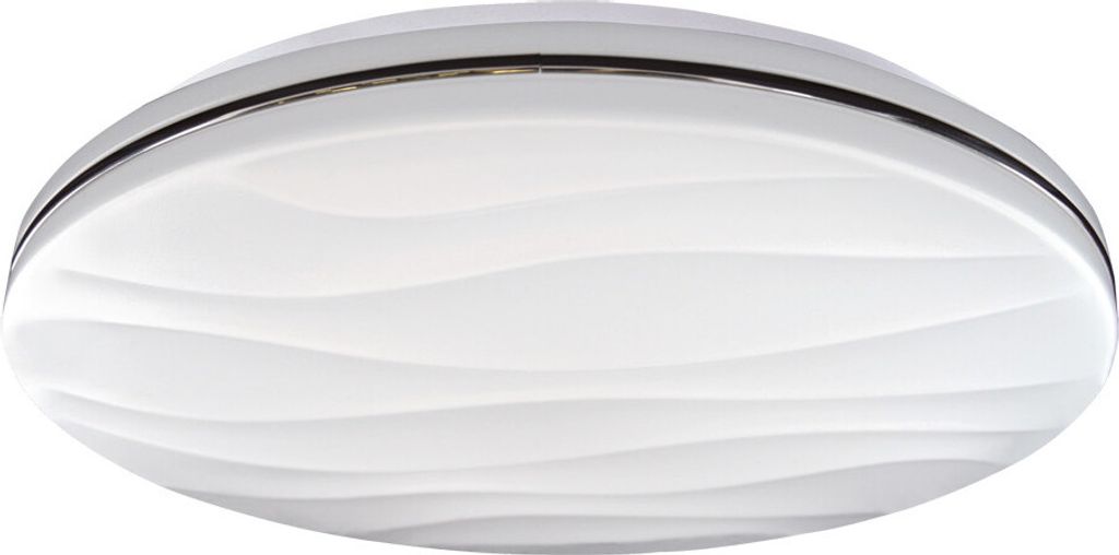 A close-up, studio shot of a white, oval-shaped ceiling light with a textured, wavy surface and a silver trim around the edge.