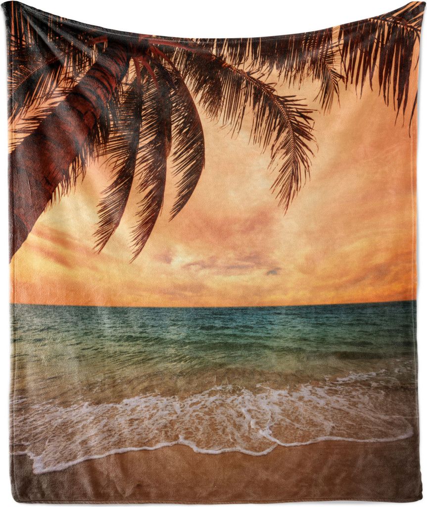 ABAKUHAUS Tropisch Weich Flanell Fleece Decke, Seascape Landschaft mit Ocean Beach Palme und Sonnenuntergang-Himmel in weichen Tönen, 175 x 230 cm...