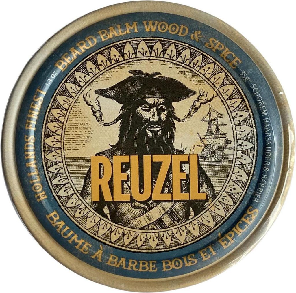 A round tin of Reuzel Beard Balm with a pirate illustration.