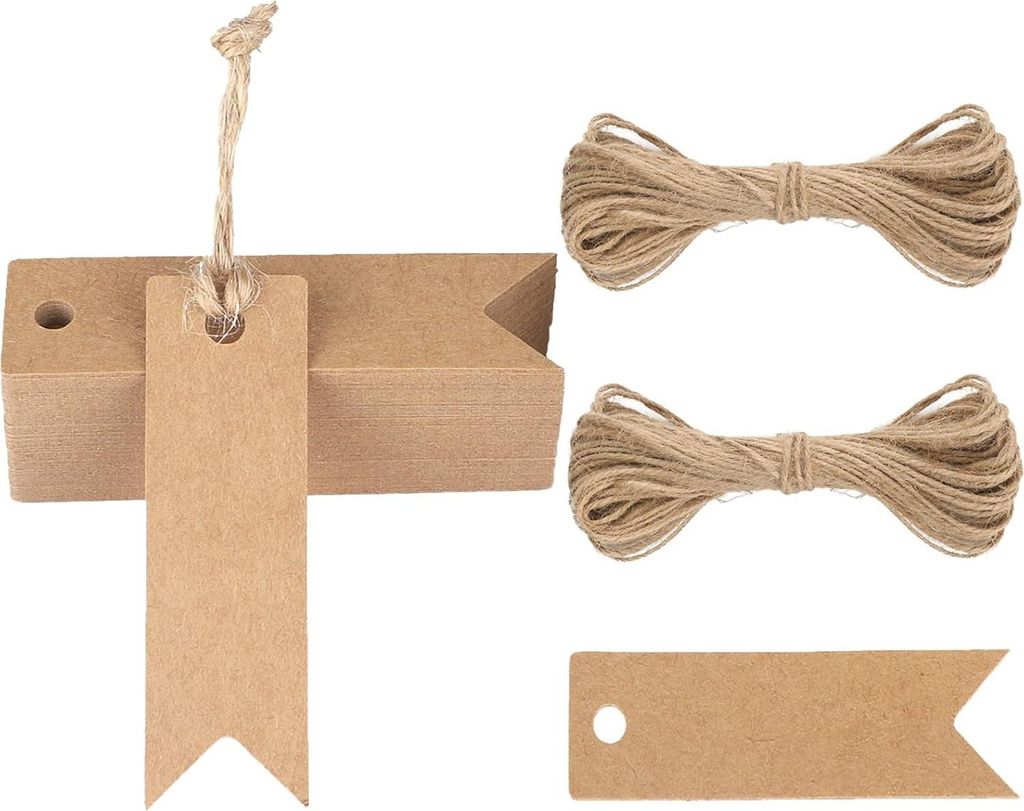 100 Kraftpapier Etiketten Labels mit Jute Schnur - 7 cm * 2 cm - Geschenkanhänger - 30 Meter - Braun