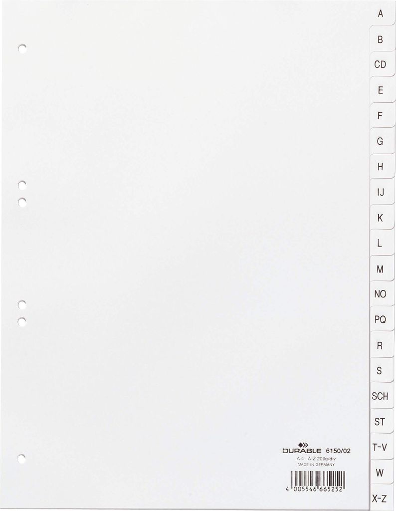 DURABLE Register A4 20-tlg. A-Z, 615002 weiß Produktbild 
