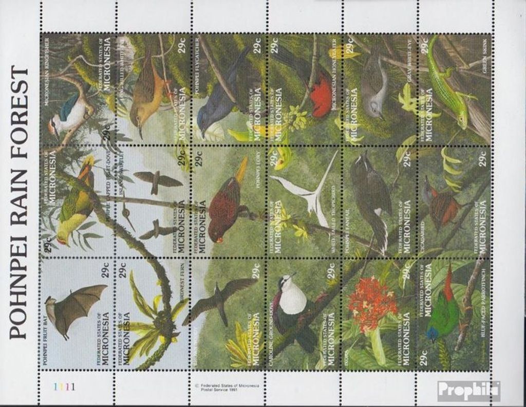 Briefmarken Mikronesien 1991 Mi 234-251 Zd-Bogen (kompl.Ausg.) postfrisch Tiere und Pflanzen des Regenwaldes