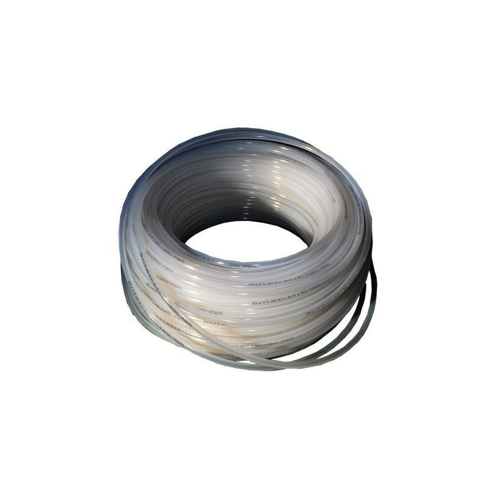 A coiled tube of clear plastic material on a white background.