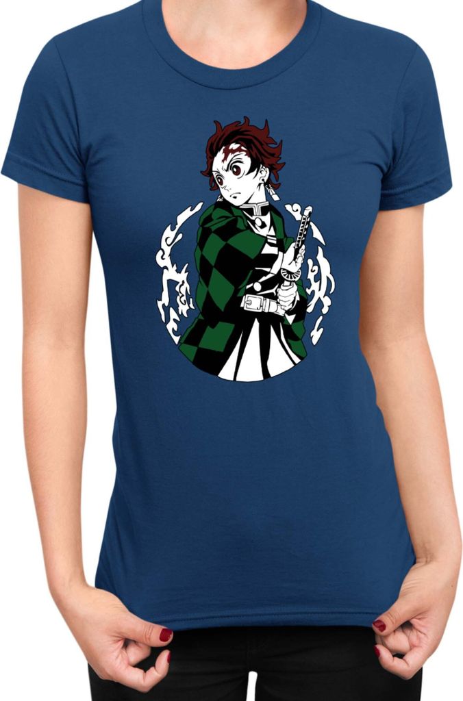 Damen T-Shirt Demon Anime Slayer Kimetsu No Yaiba Tanjiro Kamado 013, Lady L / Dunkelblau