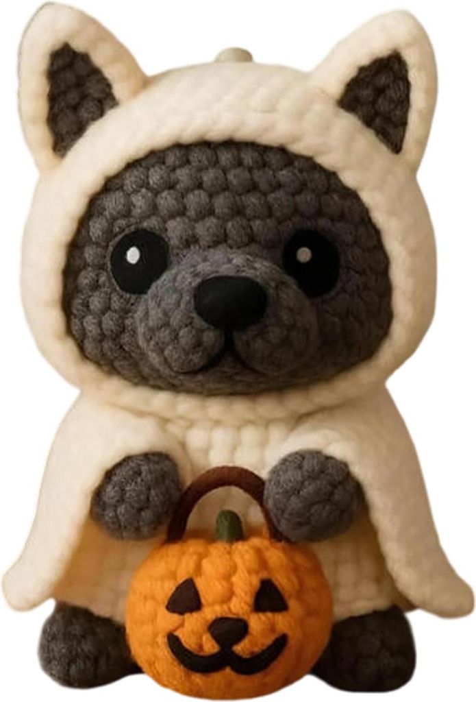 Handgemachte gehäkelte Hunde- und Katzenfigur, süßes Halloween-Stricktier mit Kürbis, emotionale Unterstützung, Geschenk für Hunde- und Katze...