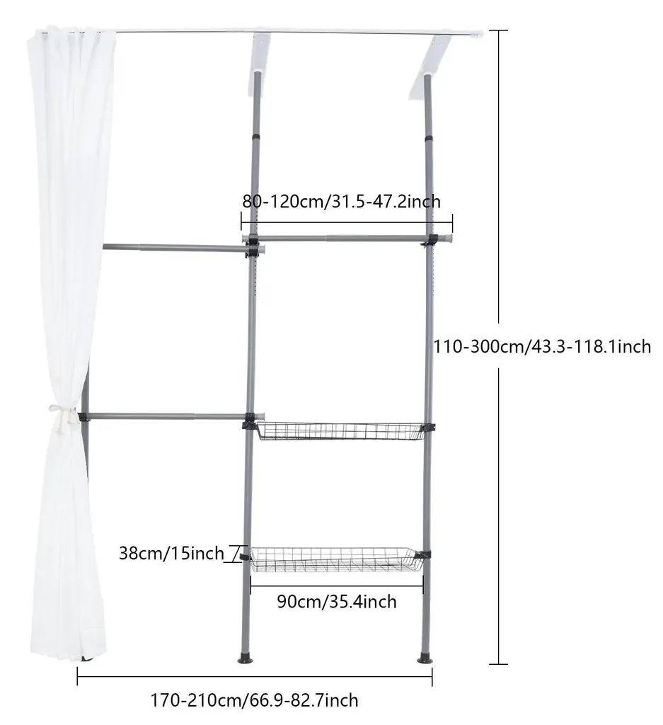 Armoire de rangement chambre avec paniers en filet et tringle réglable