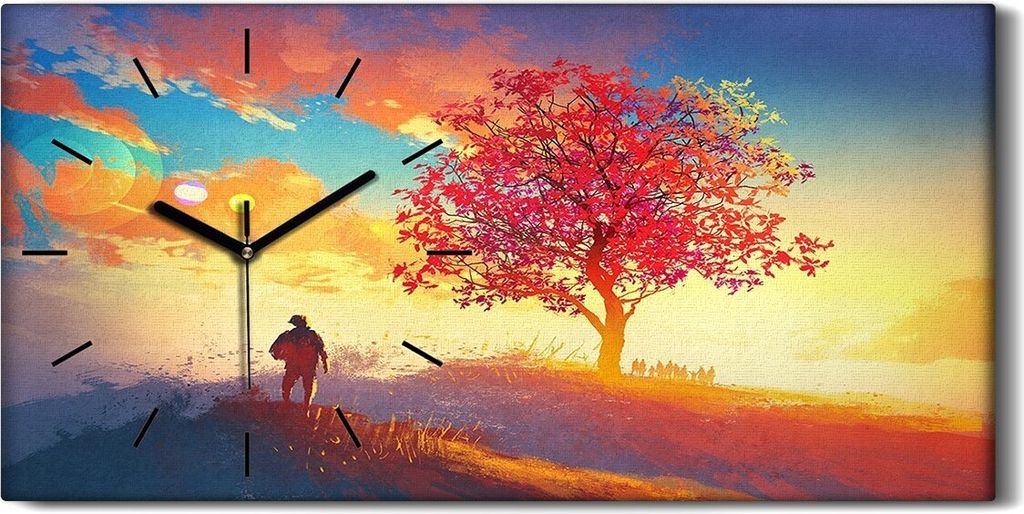 Dekor Leinwand Uhr Wandbilder 60x30 Gemälde Hügel Baum Himmel Sonnenuntergang - schwarze Hände