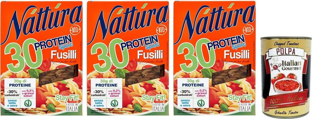 3x Náttúra Protein Sport Pasta Fusilli aus Biologischem Anbau,reich an Proteinen,Packung mit 250g + Italian Gourmet Polpa di Pomodoro 400g Dose