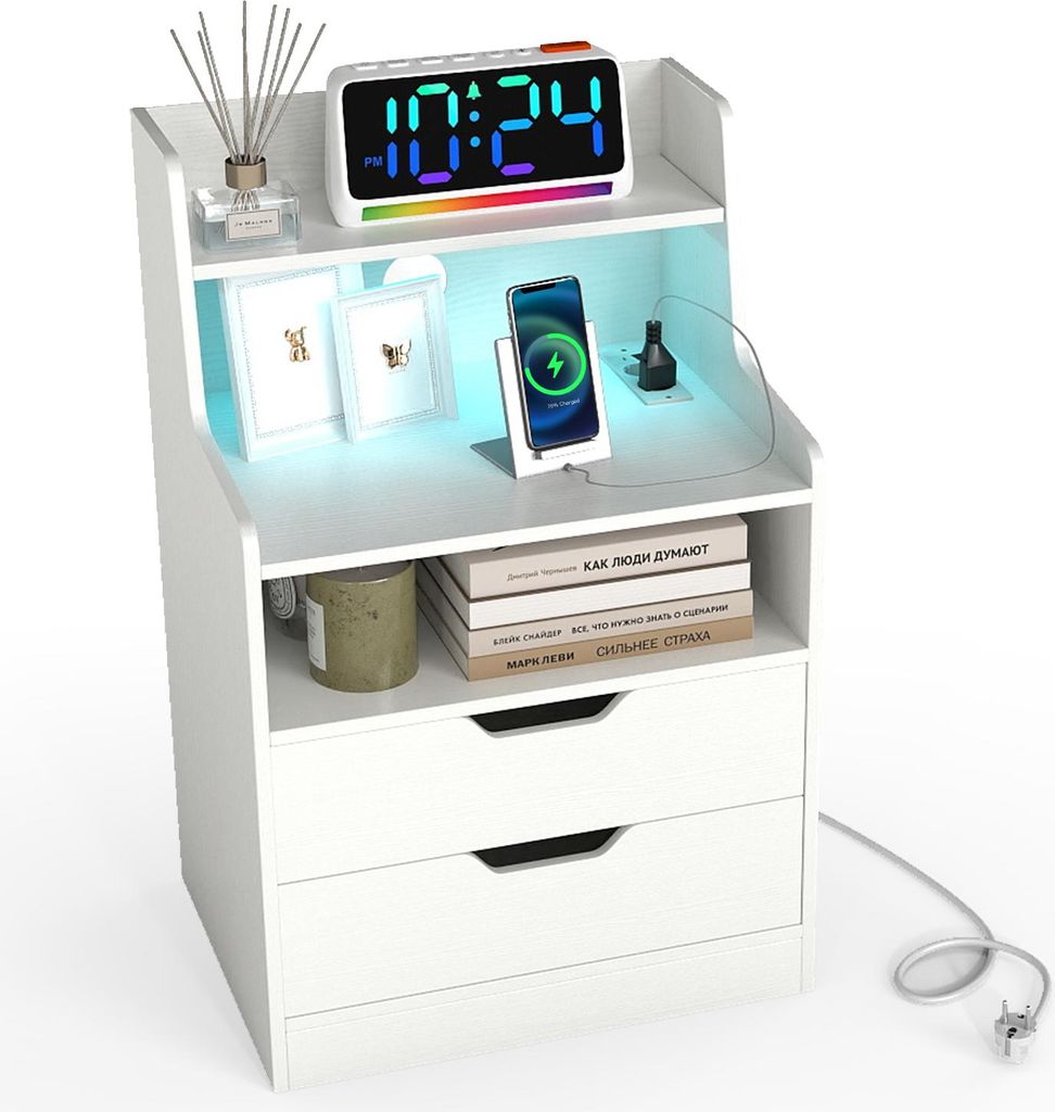 Comodino Con Stazione Di Ricarica LED E USB - 2 Cassetti, Altezza 61 Cm, Stile Fattoria Moderno