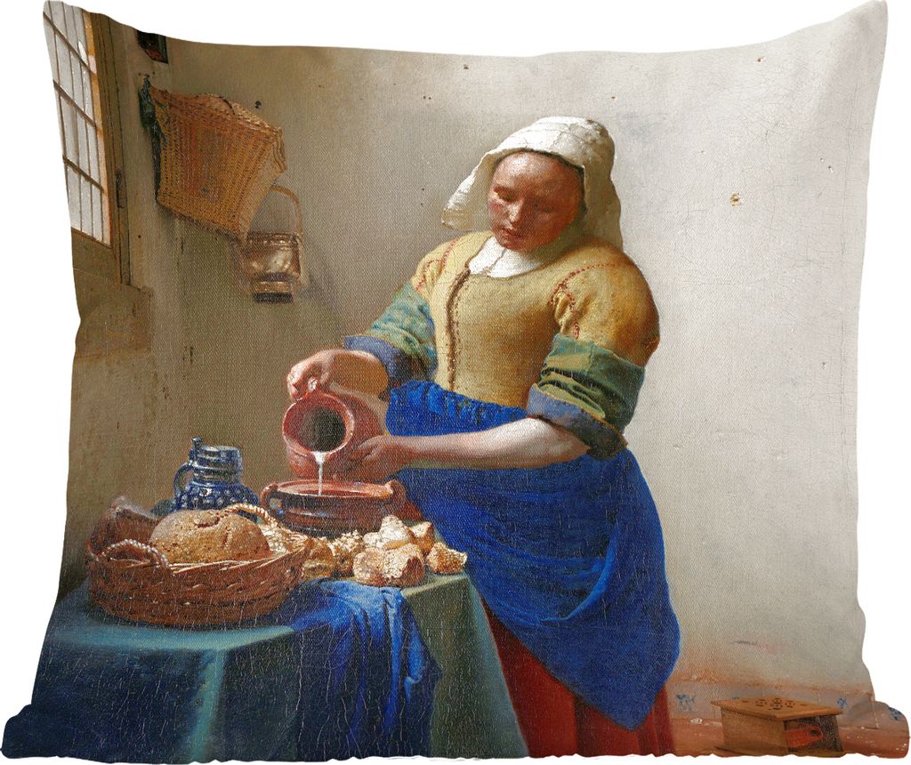 MuchoWow Zierkissen Sofakissen Wohnzimmer Dekokissen 50x50 cm Das Milchmädchen - Gemälde von Johannes Vermeer - Komfort - Sofakissen