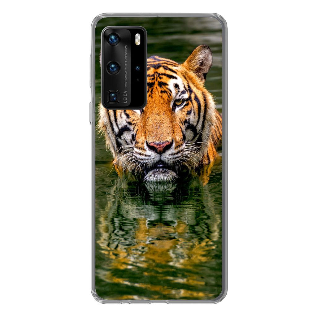 MuchoWow Handyhülle Schutzhülle Hülle für Huawei P40 Pro Tiger - Wasser - Spiegelung Silikon Softcase Handy Hülle - Schutz