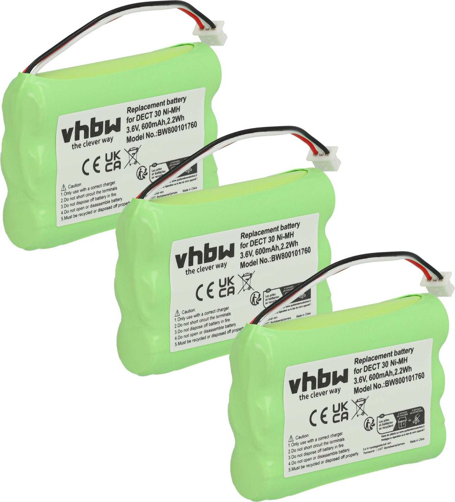vhbw 3x Akku kompatibel mit Agfeo DECT 35, DECT 45, DECT 30 schnurlos Festnetz Telefon (600 mAh, 3,6 V, NiMH)
