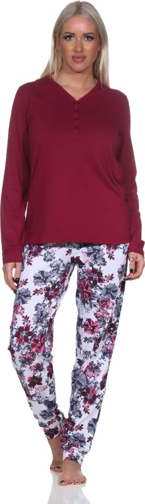 Damen Schlafanzug langarm Pyjama in floralem Design auch in Übergrössen ; beere , 40