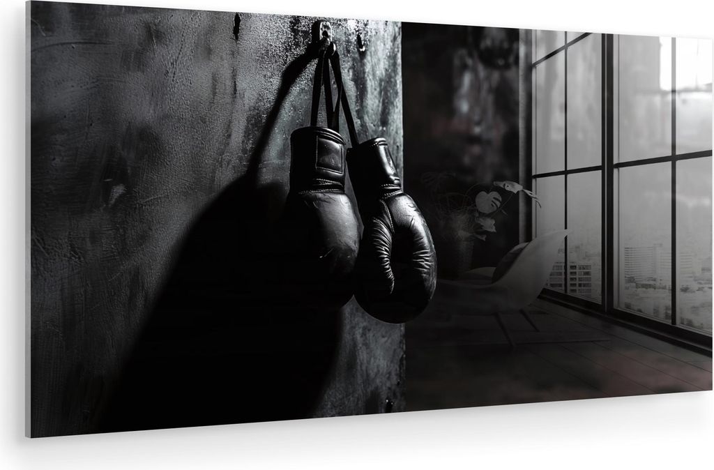 MuchoWow Glasbilder - Bilder auf Wandbild - Foto auf Glas Boxhandschuhe - Wand - Dunkel - Schwarz 120x60 cm Wanddekoration aus Glas - Acrylglasbild...