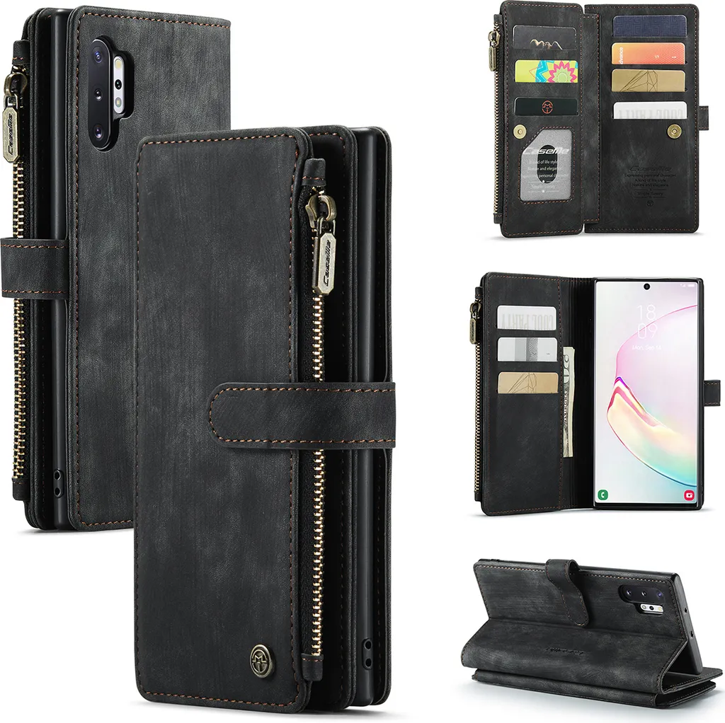 Custodia Samsung Note 10 Plus Wallet in Finto Cuoio Nero con Cerniera - 1