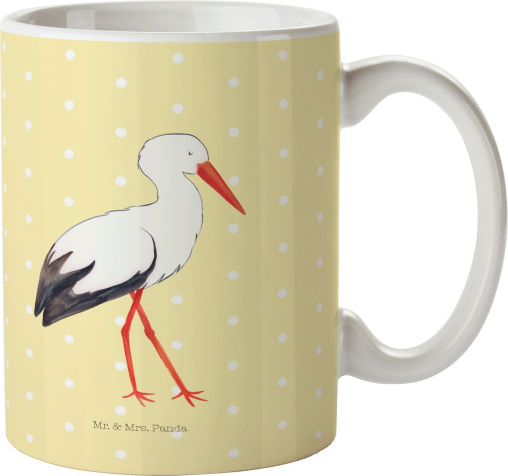 Mr. & Mrs. Panda Kaffeetasse Storch - Gelb Pastell - Geschenk, Henkelpott, Störche, Lustige Sprüche, haferl, Schwangerschaft, Mütter, Geburt, Ta...