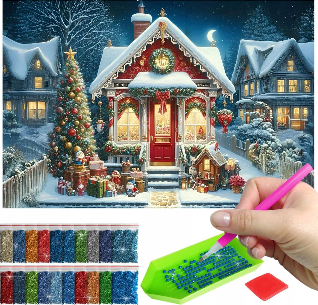 ARTULIO Diamond Painting Set - Märchenhaus mit Tannenbaum und Geschenken - 60 x 40 cm - Groß XXL - Diamant Painting, Komplettset: Mosaik + Zubehör