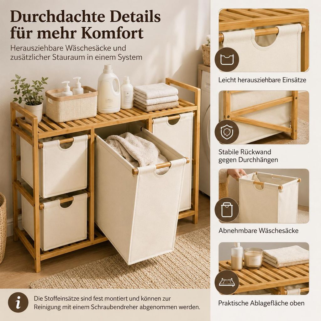 Wäschekorb 4 Fächer 150 L mit Bambusablage, Wäschesammler