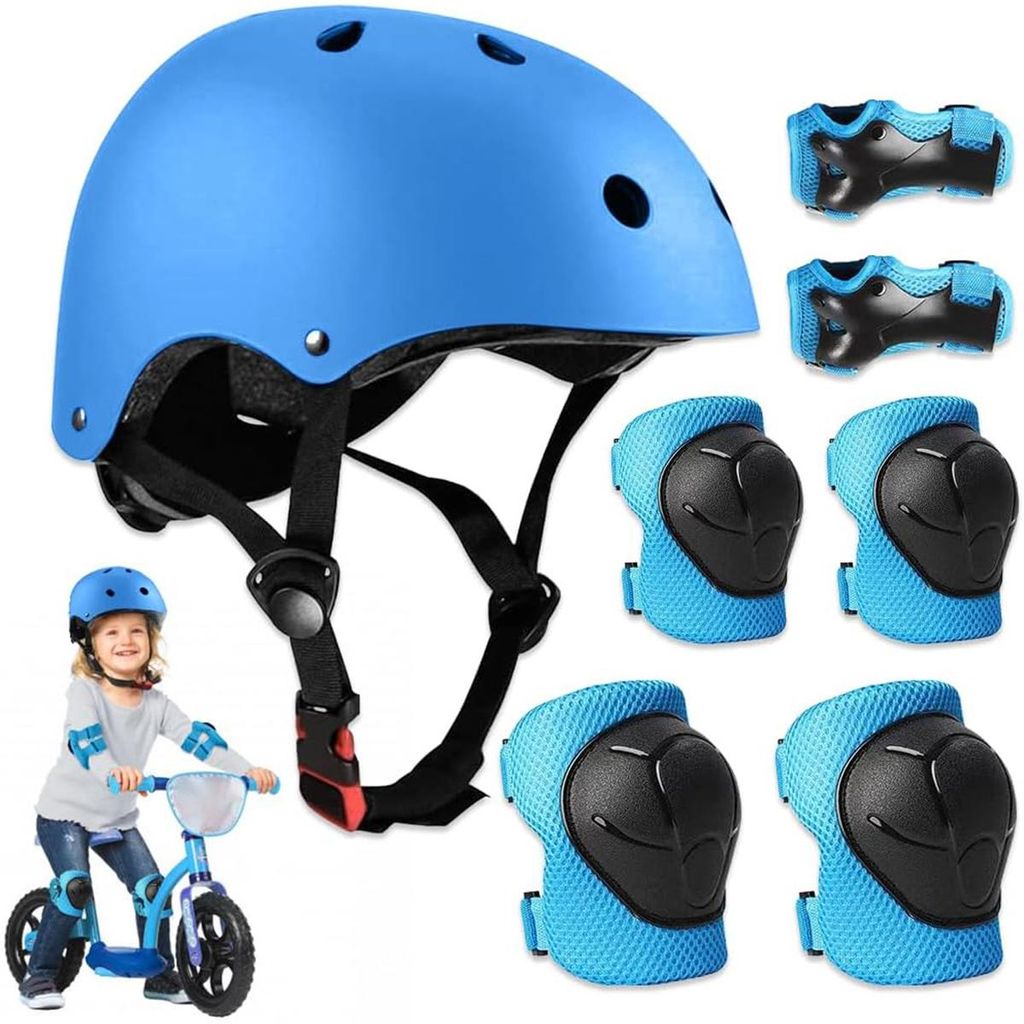 Kinder Schutzausrüstung Set, Knieschoner & Ellenbogenschützer mit Helm, Inliner, blau, 3-10 Jahre, Skateboard & Fahrrad