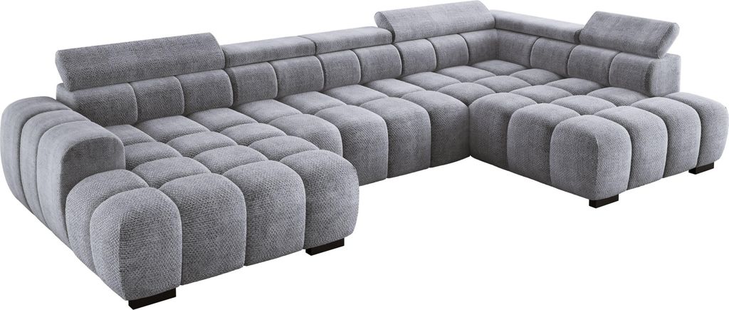 DomoHome Modern Großes U‐Förmiges Ecksofa Stoff EDEN Silber Rechte Seite 393×205×97 cm – Verstellbare Kopfstützen, Schlaf‐Optional, Mini...