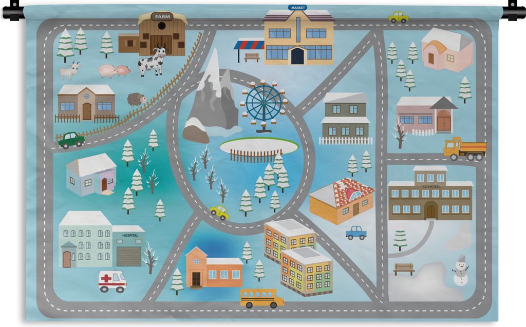MuchoWow Wandteppich Wandbehang Winter - Gebäude - Kinder - Auto 120x80 cm Tapisserie Dekoration Wandtuch - Wanddekorationen - Wandtücher