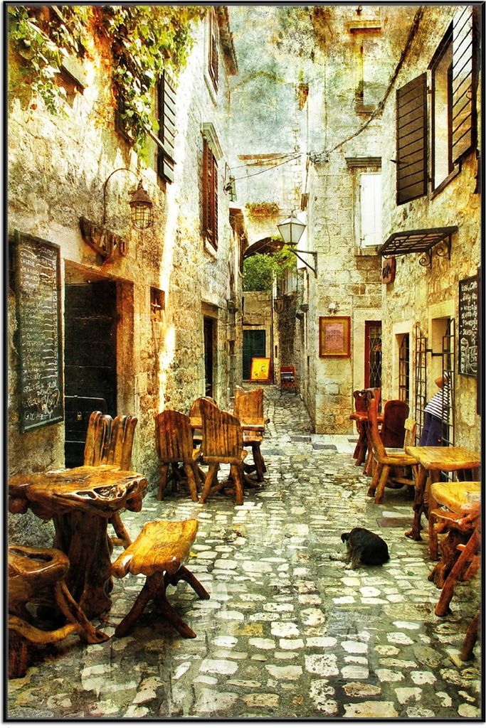 Wallario Wandbild Italienische kleine Gasse, Größe: 61 x 91,50 cm, Poster mit schwarzem Aluminiumrahmen