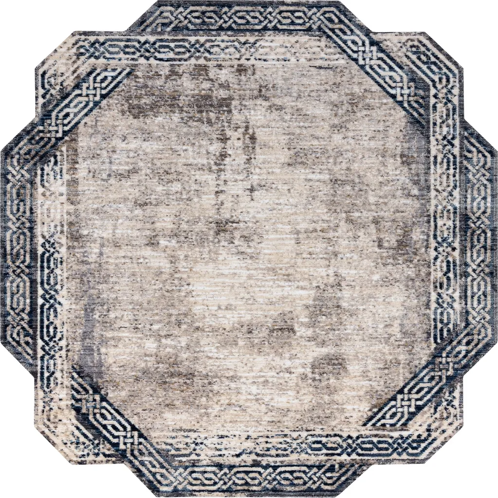 Tapis moderne TINE 75425B Cadre vintage gris et bleu foncé 195x195 cm