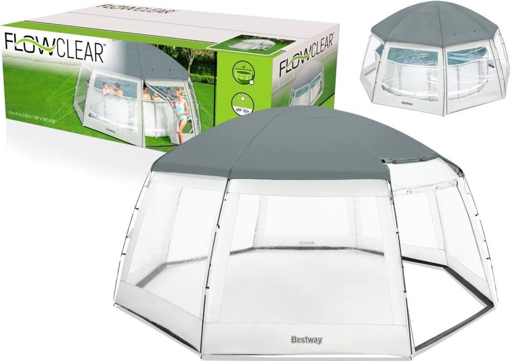A collage of images showing a Bestway pool tent, including its packaging and a close-up of the tent itself.