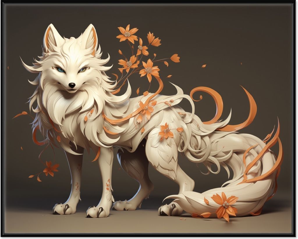 Wallario Wandbild Magischer Fuchs mit floralen Details, Größe: 40,30 x 50,30 cm, Poster mit schwarzem Aluminiumrahmen