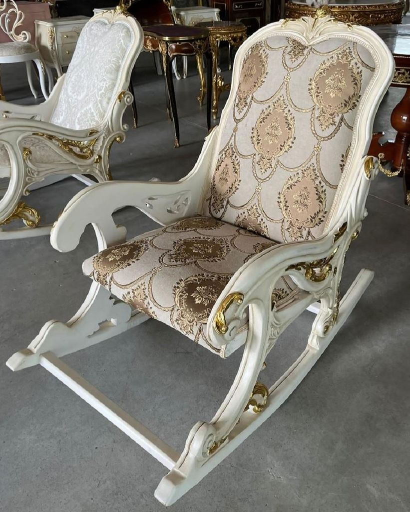 Casa Padrino Barock Schaukelsessel Grau / Braun / Creme / Weiß / Gold - Handgefertigter Schaukelstuhl mit Armlehnen und Fußstütze - Barock Möbe...