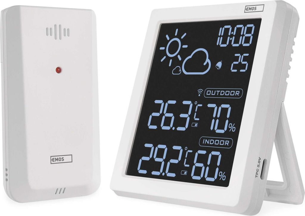 EMOS Funk Wetterstation mit VA-Display und drahtlosem Außensensor, Wettervorhersage, Uhr, Wecker, Comfort View Anzeige, 1,5m USB Kabel, weiß, E8647W