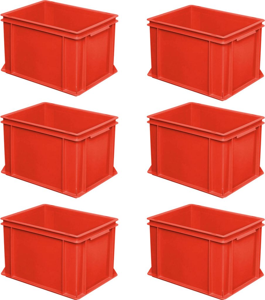 6 Eurobehälter mit 2 Griffleisten, LxBxH 400 x 300 x 270 mm, 26 Liter, rot