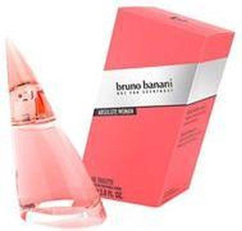 A bottle of Bruno Banani Absolute Woman Eau de Parfum and its packaging are displayed against a white background.
