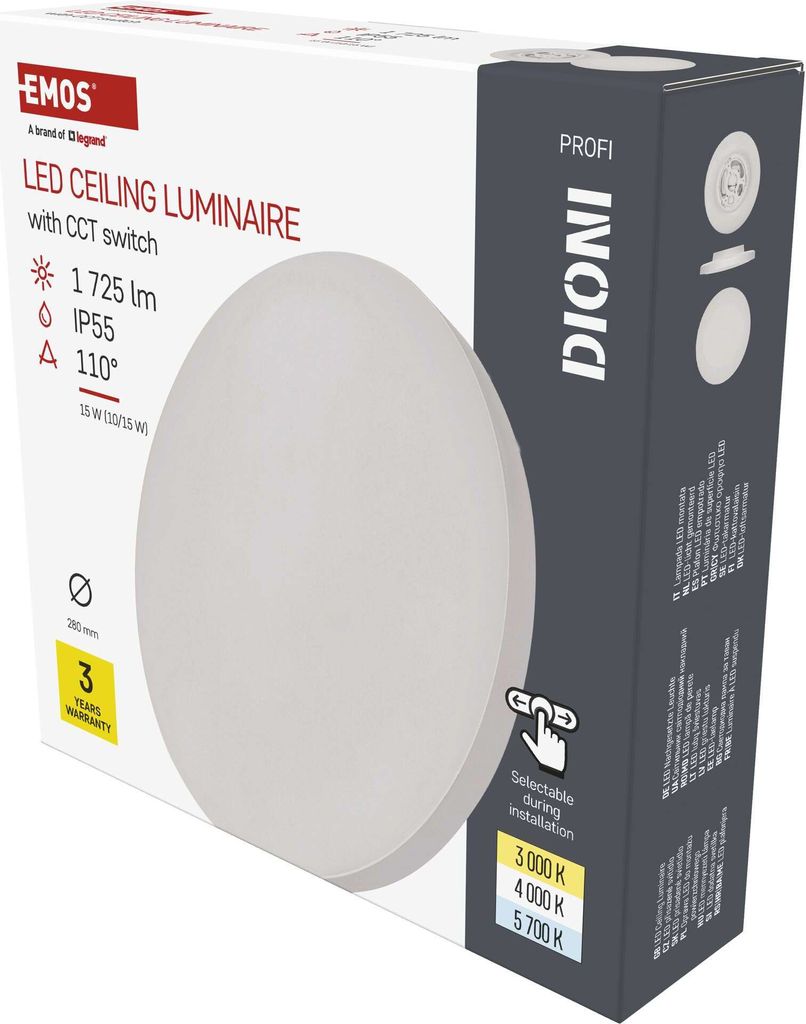 EMOS LED-Wand-/Deckenleuchte DIONI - einstellbare Lichtfarbe - 1725 lm - 15 W (statt 110W Glühbirne) - Innen und Außen - rund, Ø 28 cm - weiß, ...