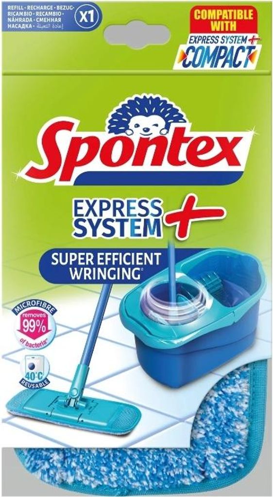 The image shows the packaging of a Spontex Express System+ Compact mop refill, including a depiction of the mop and bucket.