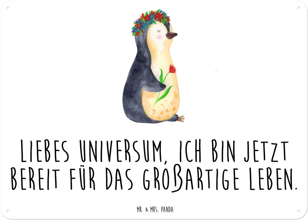 Mr. & Mrs. Panda Schild Pinguin Blumen DIN A3 - Weiß - Geschenk, Retro Blechschild, Universum, tafel, Leben, Metallbild, Positiv, Wünsche, Wandbild