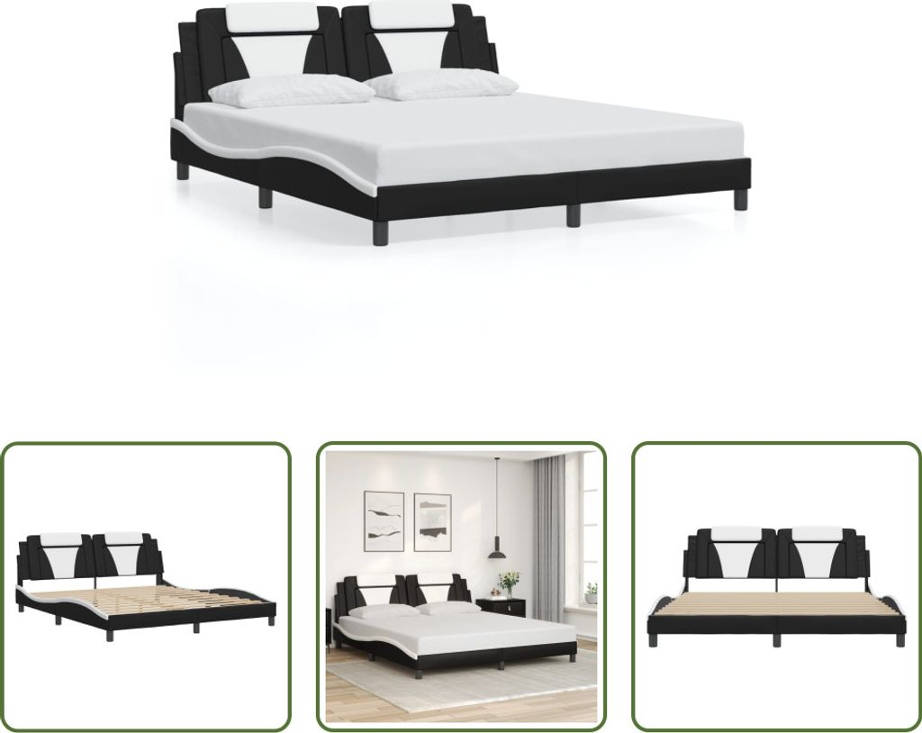 The Living Store Bettgestell mit Kopfteil Schwarz und Weiß 180x200 cm Kunstleder