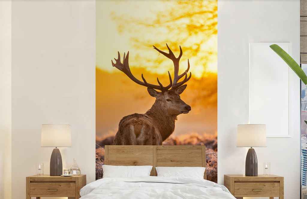 MuchoWow Fototapete für Wohnzimmer oder Schlafzimmer Wandtapete Vinyl Motivtapete Hirsche - Tiere - Sonnenuntergang - Winter - Heidekraut - Natu...