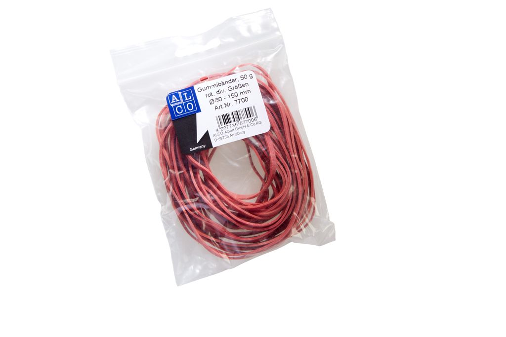Gummibänder, Rot, 50 g, div. Größen, Ø 80-150 mm, in Tüte mit Eurolochung