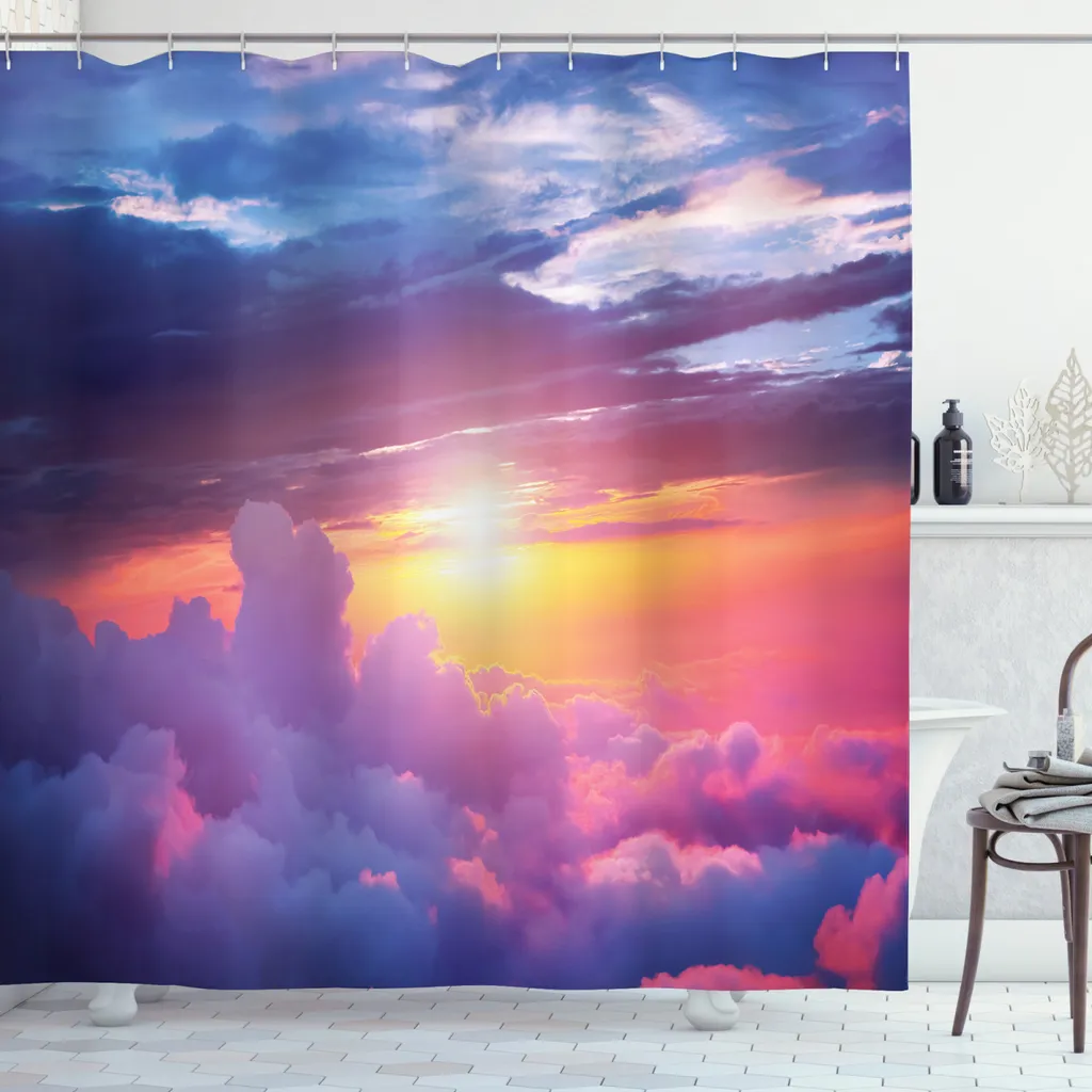 Rideau de douche textile imprimé ciel et nuages opaque violet et jaune