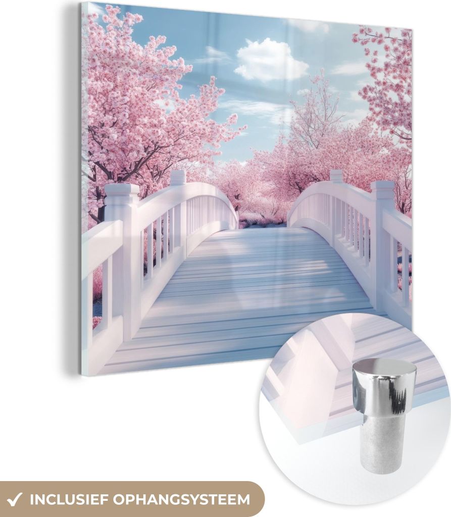 MuchoWow Glasbilder - Bilder auf Wandbild - Foto auf Glas Brücke - Kirschbäume - Weiß 40x40 cm Wanddekoration aus Glas - Acrylglasbild - Acrylbi...