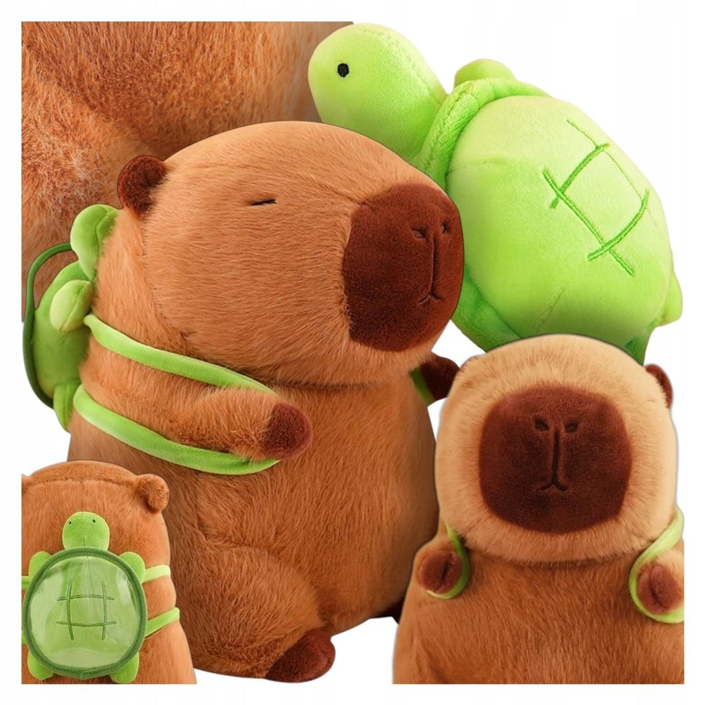 A collage of plush toys, featuring capybaras and a turtle.