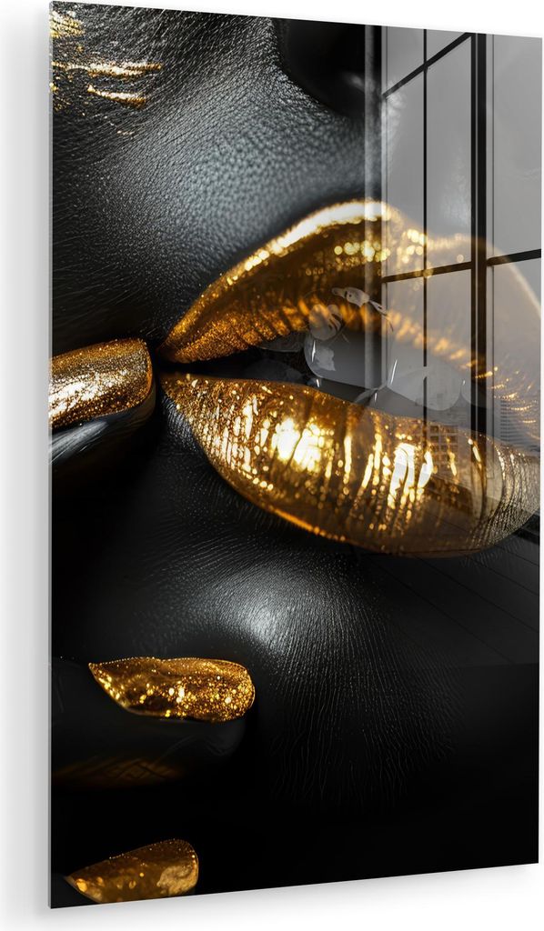MuchoWow Glasbilder - Bilder auf Wandbild - Foto auf Glas Lippen - Gold - Abstrakt - Schwarz - Frau 80x120 cm Wanddekoration aus Glas - Acrylglasbi...