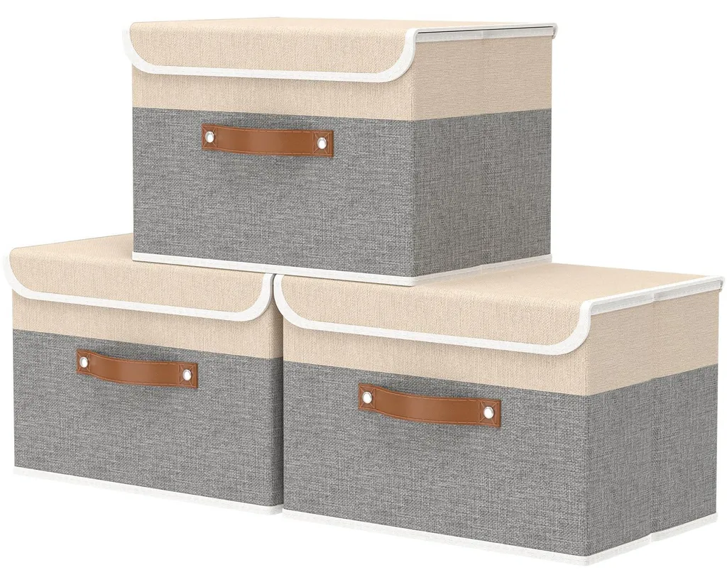 Lot de 3 Paniers de Rangement avec Couvercle 45 x 30 x 30 cm en Tissu Gris
