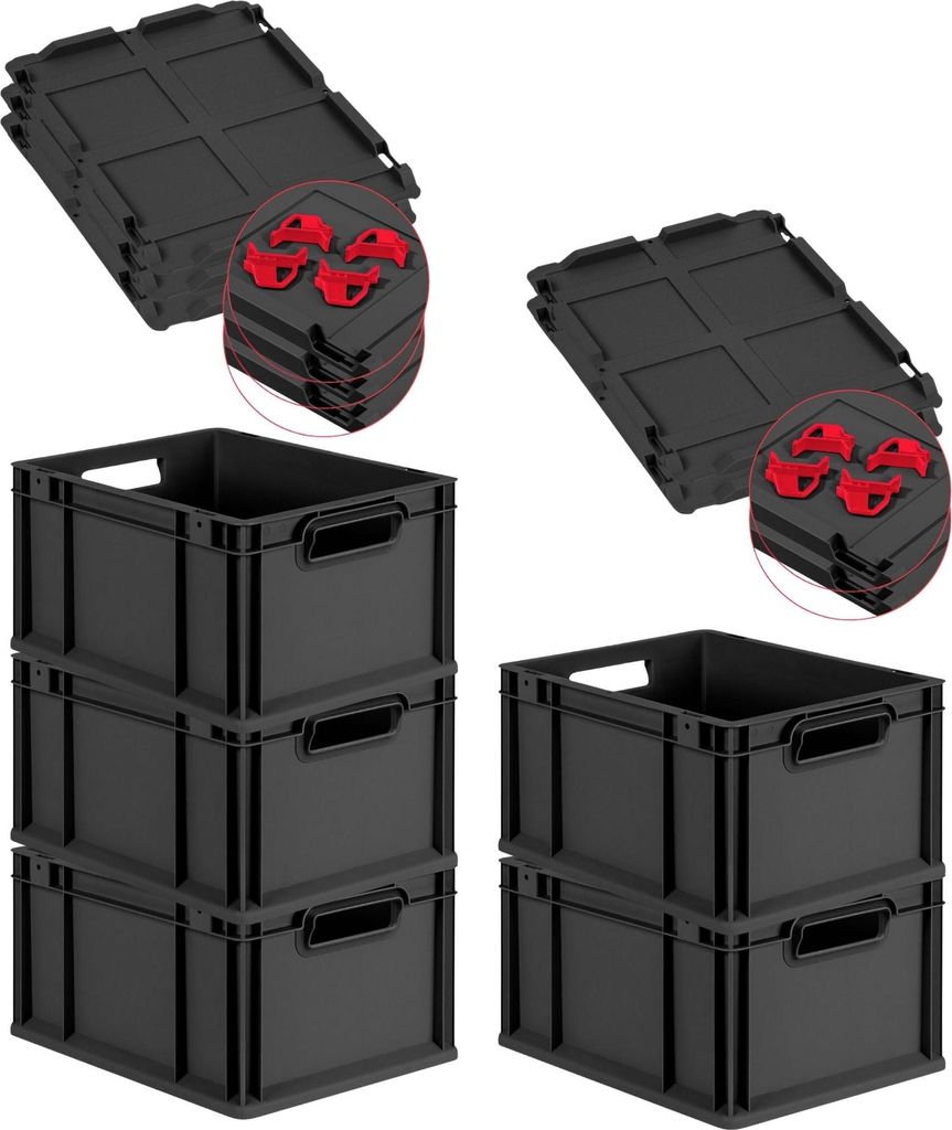 SuperSparSet 5x Eurobox NextGen Grip mit Scharnierdeckel und roten Schiebeschnappverschlüssen | HxBxT 22x30x40cm | 20 Liter | Schwarz | Griffe off...