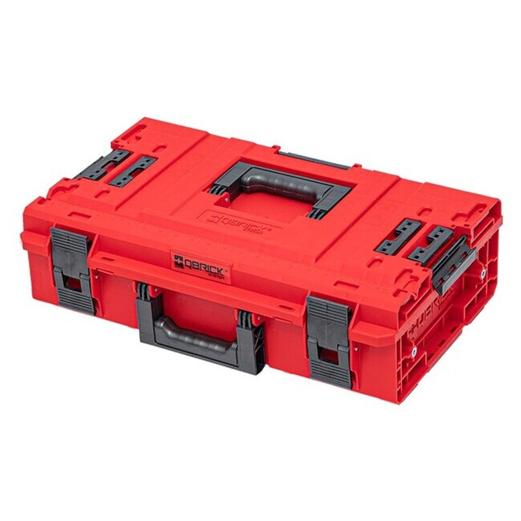 A red and black modular tool case is shown against a white background.