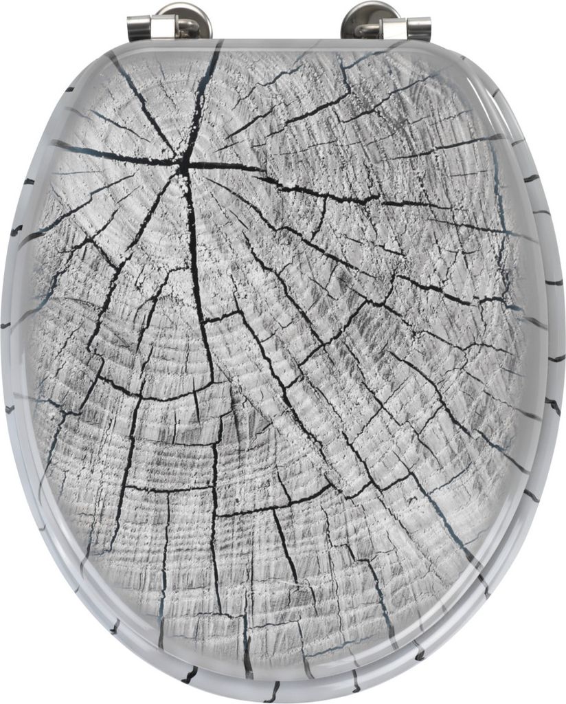 A toilet seat with a wood grain pattern.
