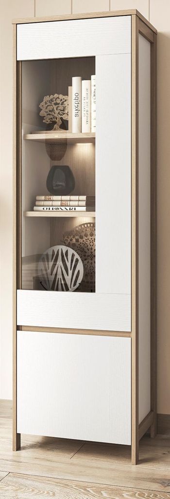 Vitrine "Finnes" in weiß und Eiche Vitrinenschrank skandinavisch 58 x 195 cm, Soft-Close